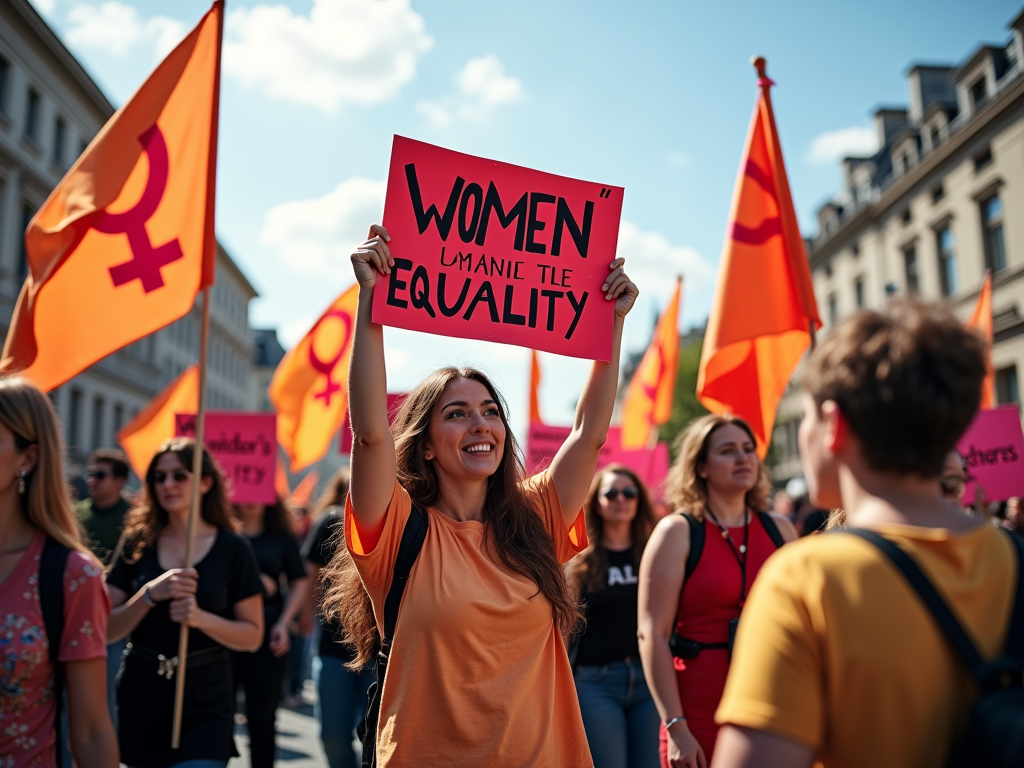 Улыбающаяся женщина держит плакат "WOMEN Умание тле EQUALITY" на демонстрации за равенство.