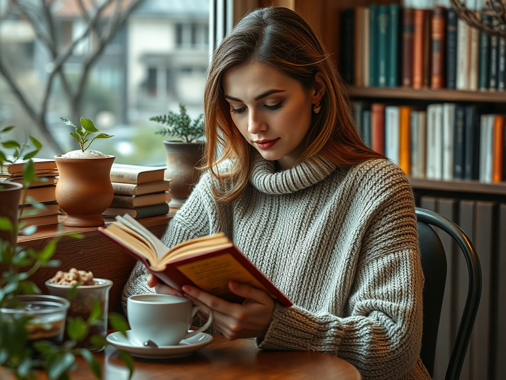 Молодая женщина читает книгу, сидя за столом с чашкой кофе и растениями, окружённая книгами.
