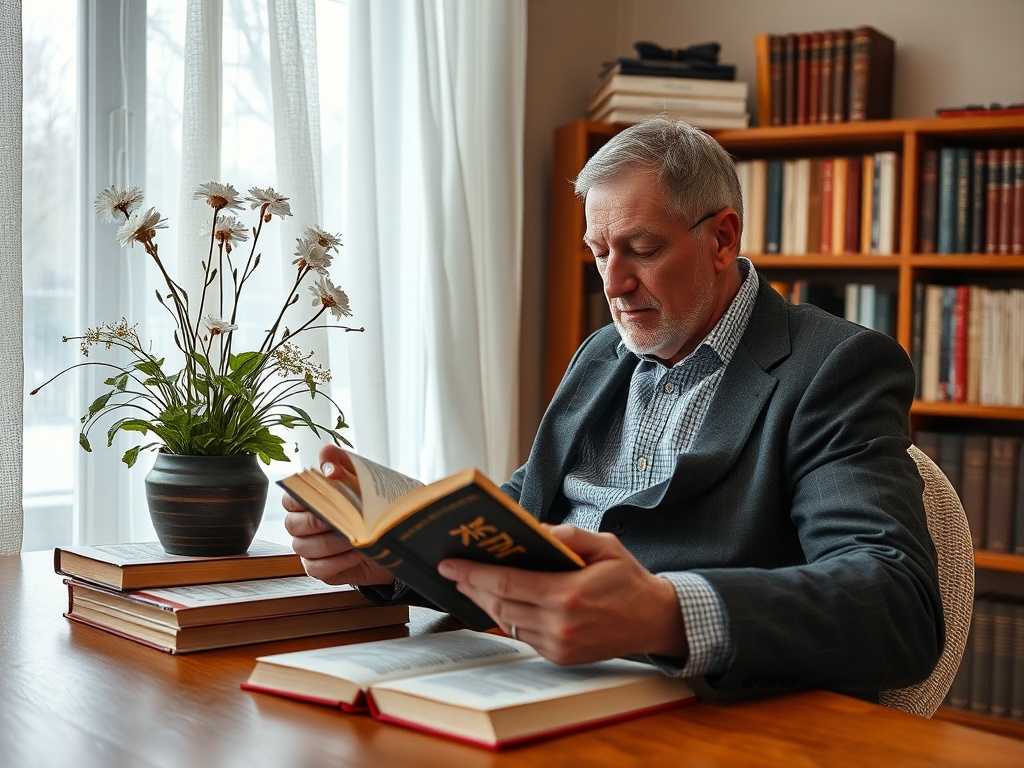 Пожилой мужчина читает книгу за столом, рядом с цветами и стопкой книг на фоне книжного шкафа.