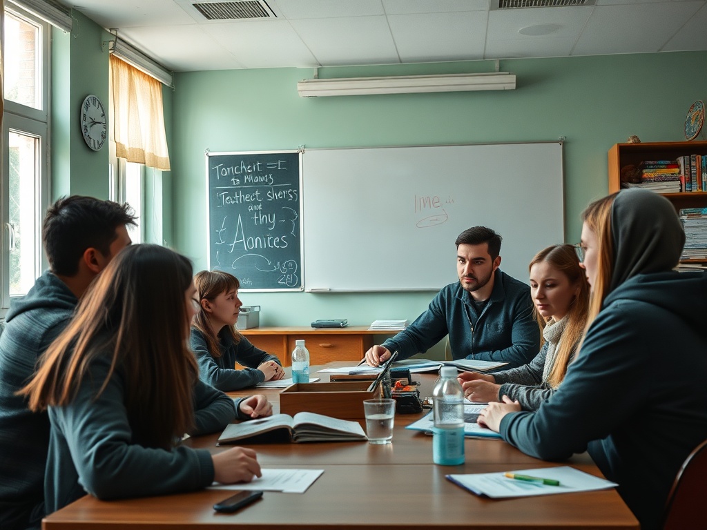 Группа учащихся в классе обсуждает задания и работает над проектом. На стене учебная доска.