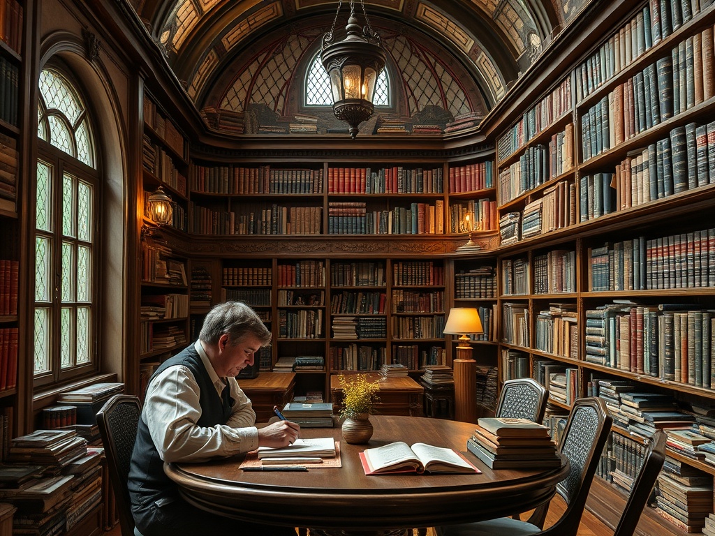 В уютной библиотеке мужчина пишет за столом, окруженный стеллажами с книгами и мягким светом лампы.