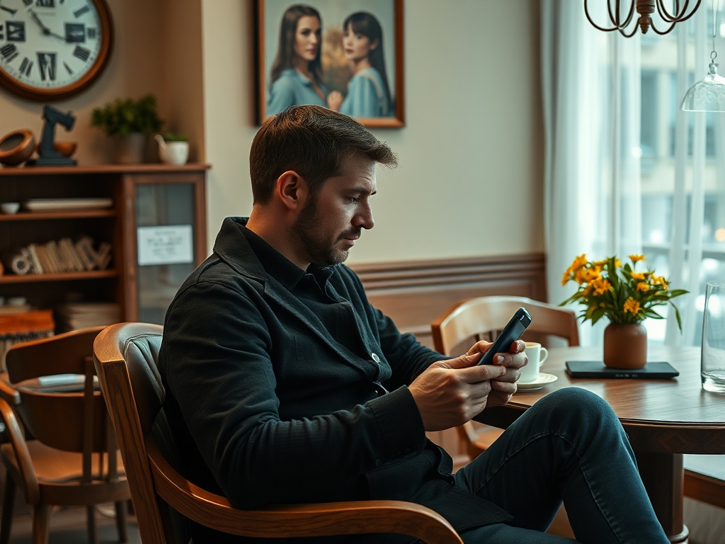 Мужчина сидит в кафе, смотрит на телефон, на столе чашка кофе и цветы в вазе. На стене картины.