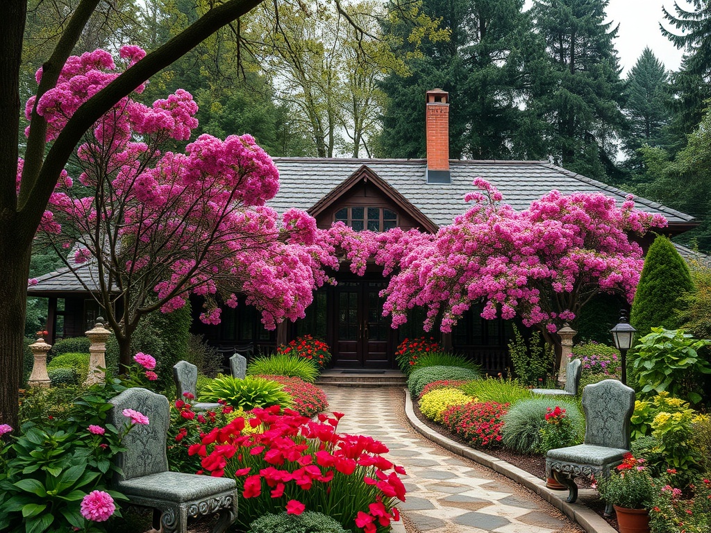 Красивая усадьба, окруженная яркоцветущими деревьями и красивыми цветами в ухоженном саду.