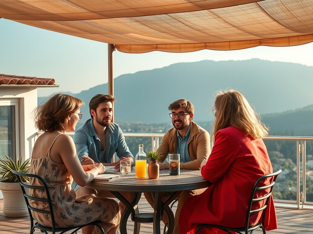 Четыре человека в расслабленной атмосфере обсуждают что-то за столом на открытом балконе с красивым видом.