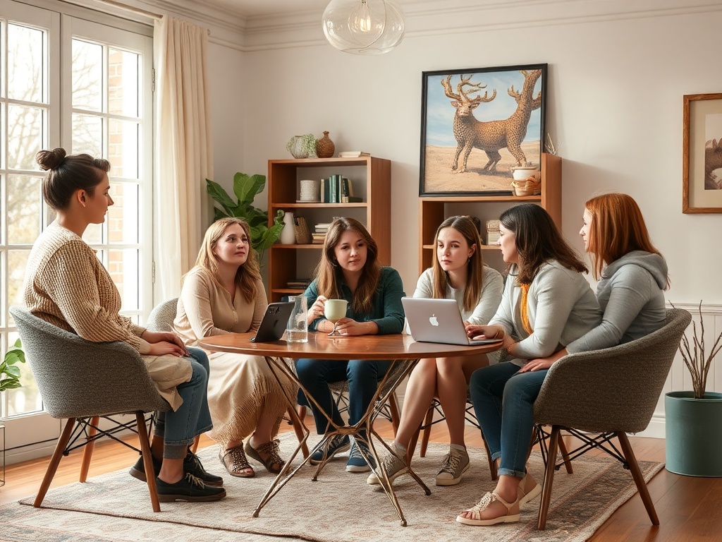 Группа женщин обсуждает идеи за круглым столом в уютной комнате с большими окнами и растением.