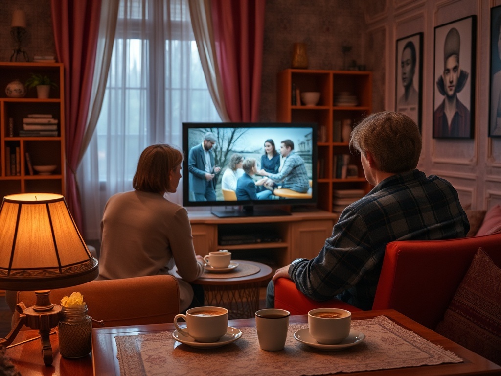 Два человека смотрят телевизор в уютной комнате, на столе стоят чашки с кофе и уютная лампа.