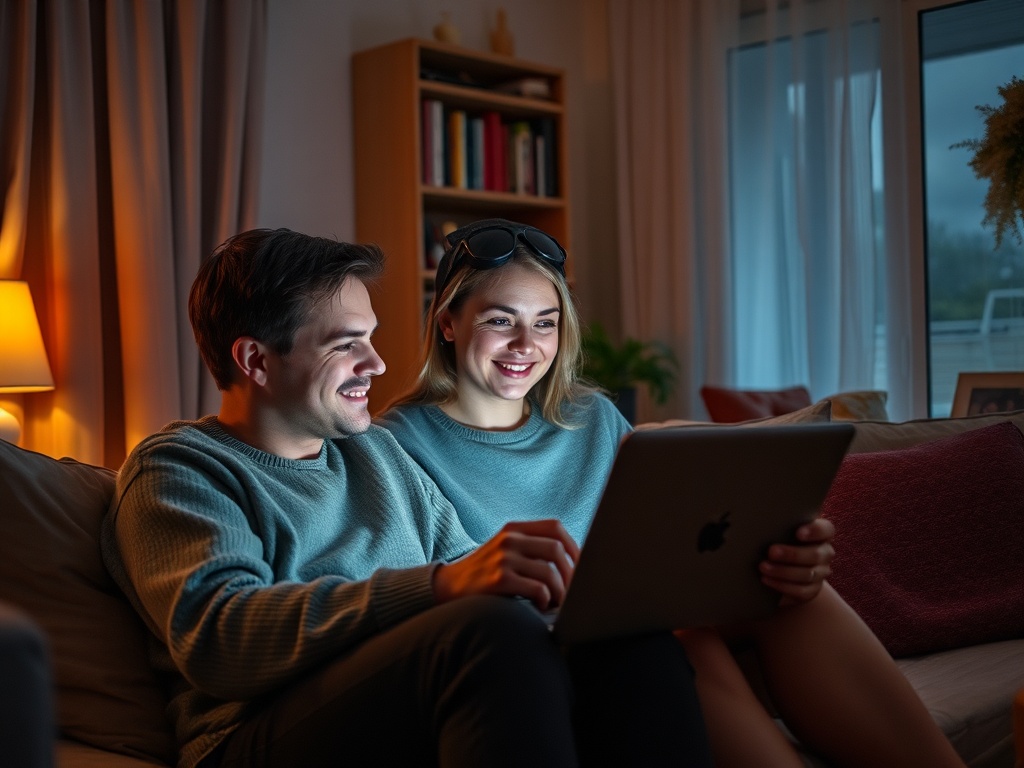 Молодая пара уютно сидит на диване и наслаждается совместным просмотром на ноутбуке в вечернее время.