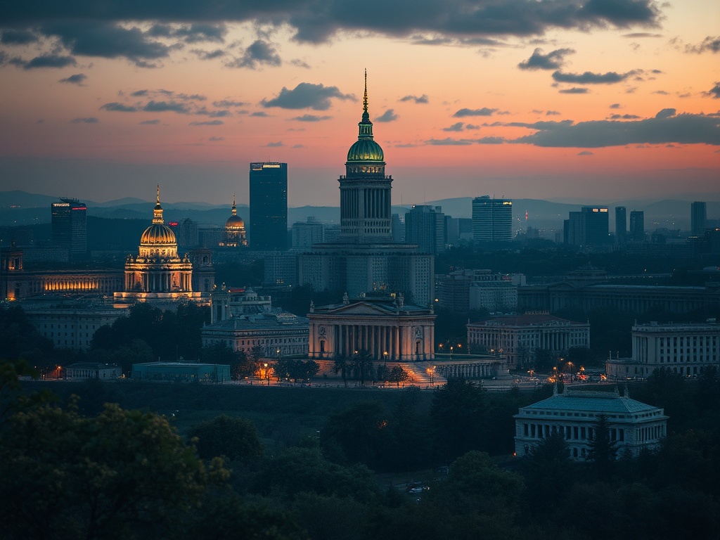 Закат над городом с башнями, освещёнными огнями, и облачным небом. Городская панорама.