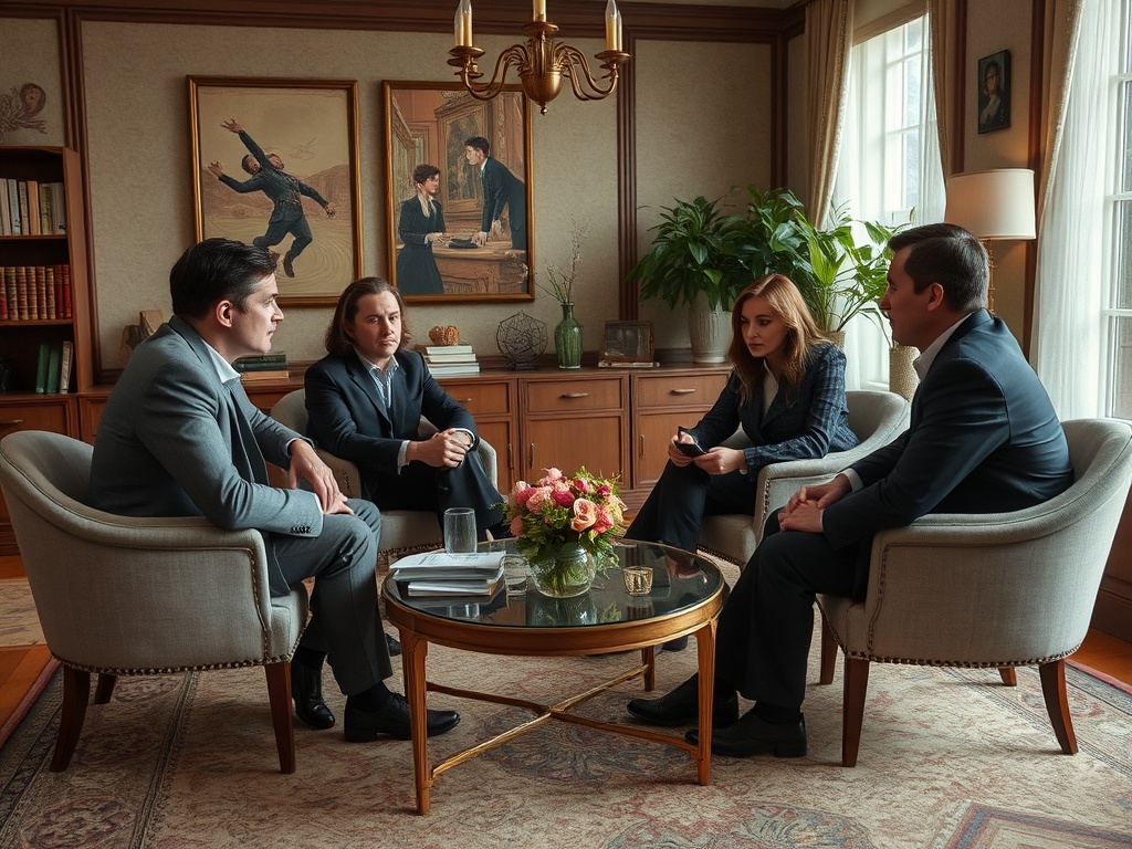 На изображении группа людей обсуждает что-то в уютной комнате с цветами на столе и картинами на стенах.