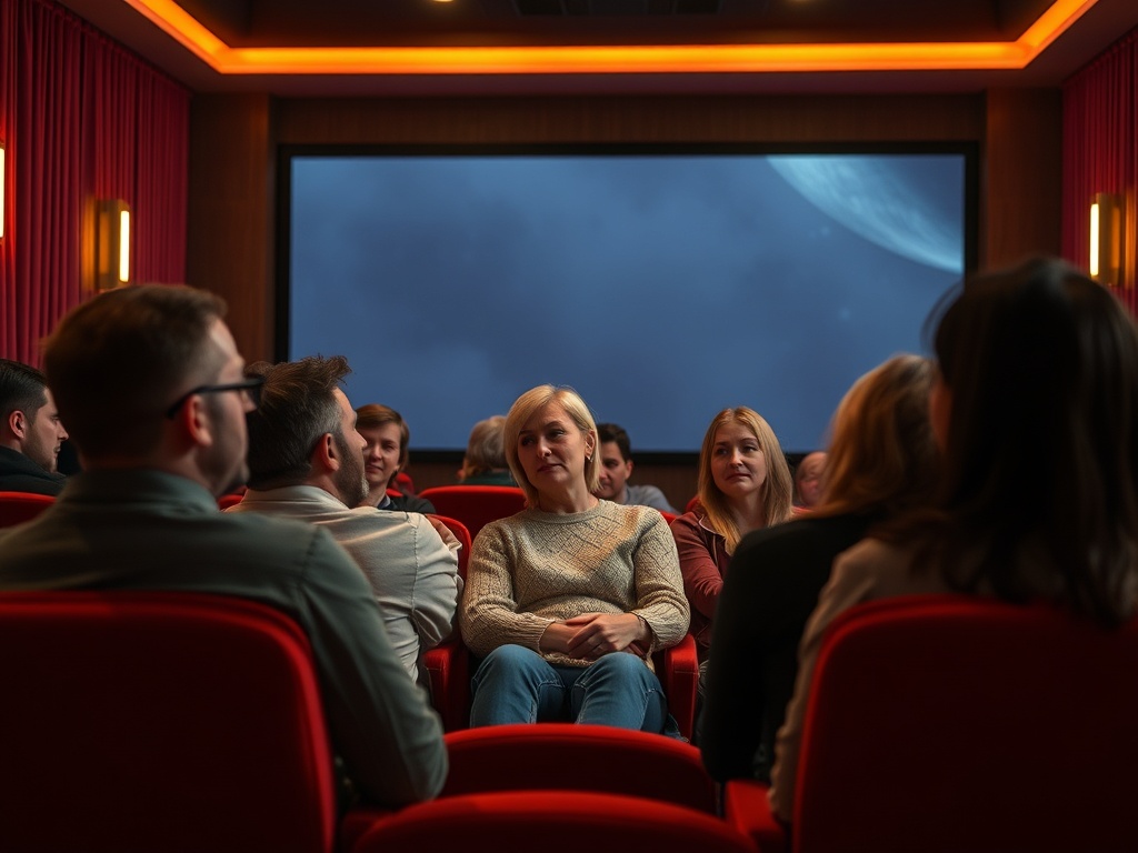 Зал кинотеатра с людьми, сидящими на красных креслах и смотрящими на экран с космическим фоном.