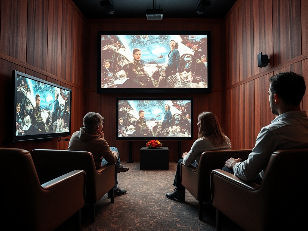 Группа людей смотрит фильм в уютном зале с большими экранами и деревянной отделкой.