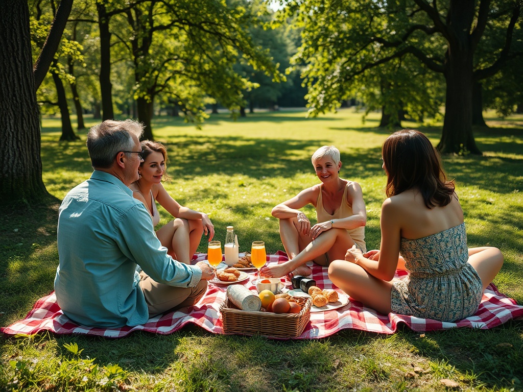 На пикнике в парке четверо друзей наслаждаются едой и общением на траве под солнечными лучами.