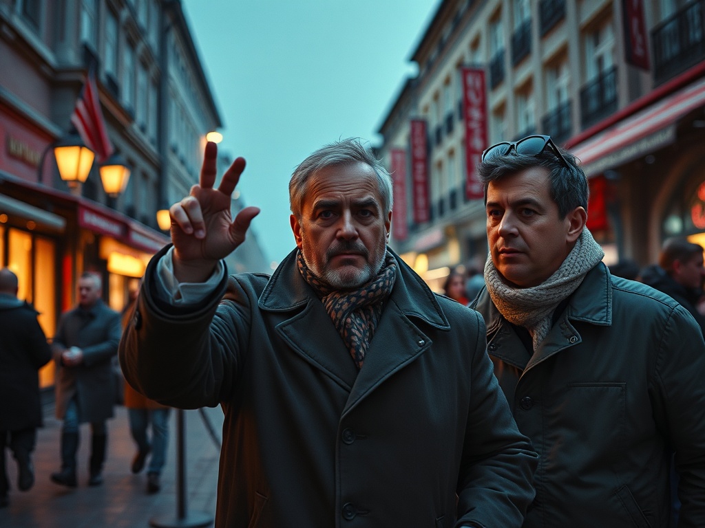 На улице двое мужчин, один объясняет что-то жестами, другой слушает, улица заполнена людьми.