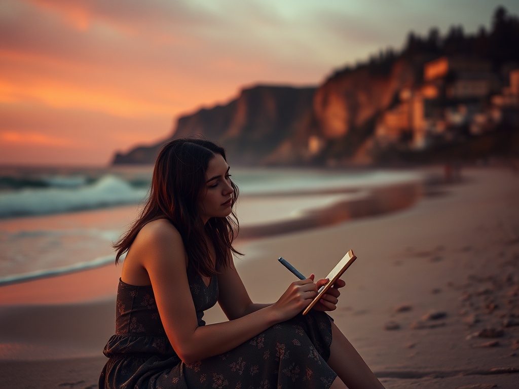 Девушка сидит на пляже и пишет в блокноте на фоне заката и волн моря.