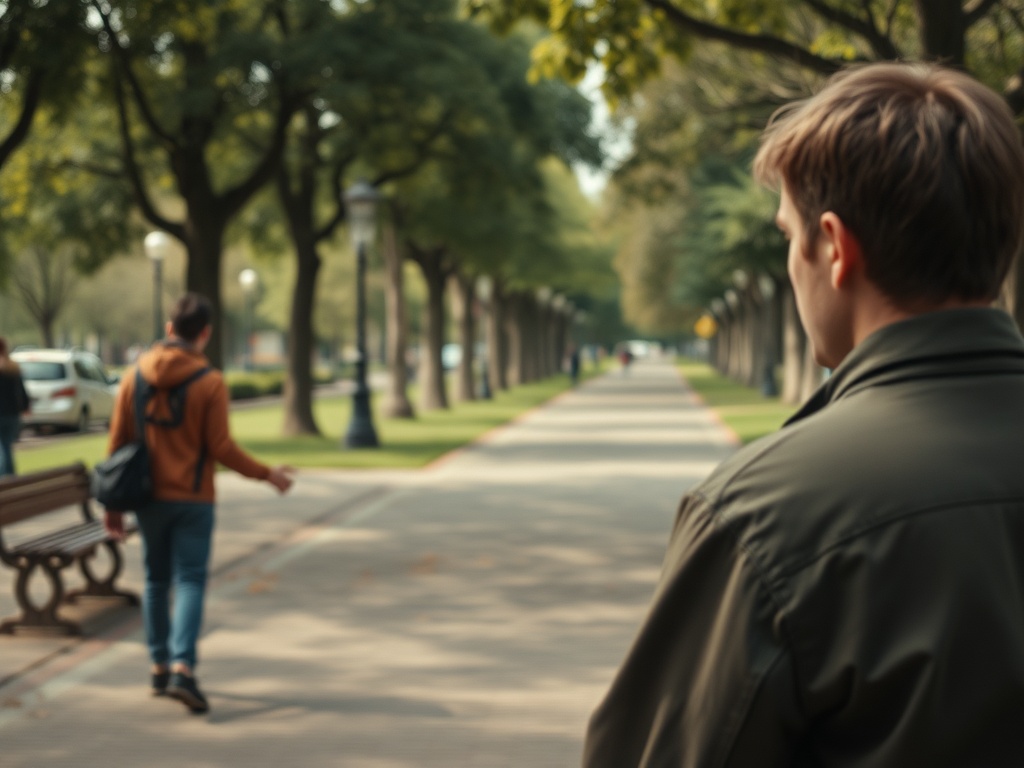 Два человека гуляют по парку, один идет впереди, другой наблюдает за ним сзади. Деревья и скамейки вдоль дороги.