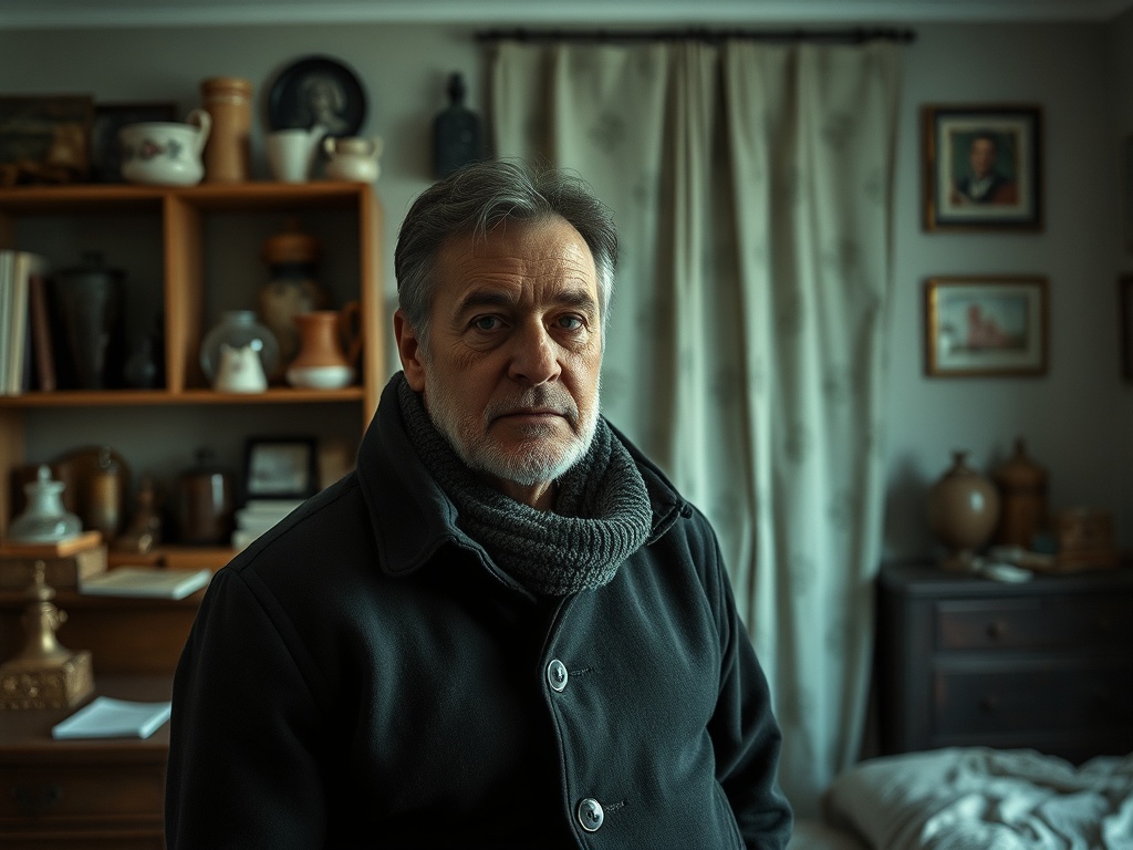 Пожилой мужчина в тёплом пальто стоит в уютном интерьере с полками, заполненными предметами decor.