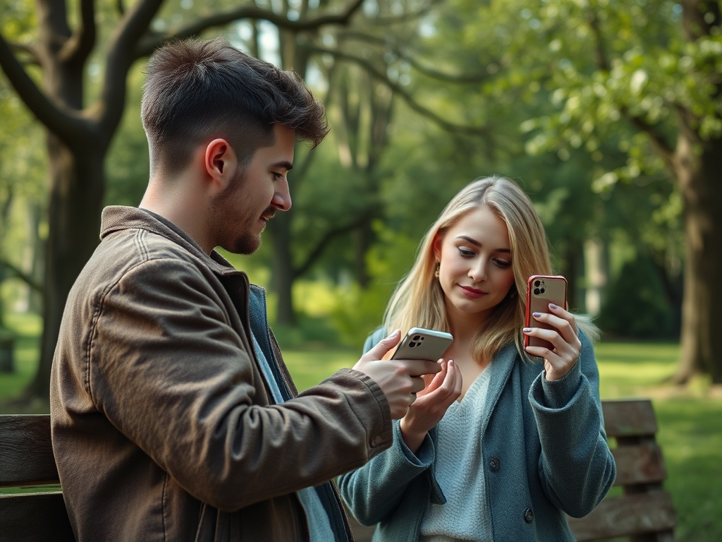 Молодая пара на скамейке в парке, оба смотрят в свои телефоны. Зеленые деревья на фоне.