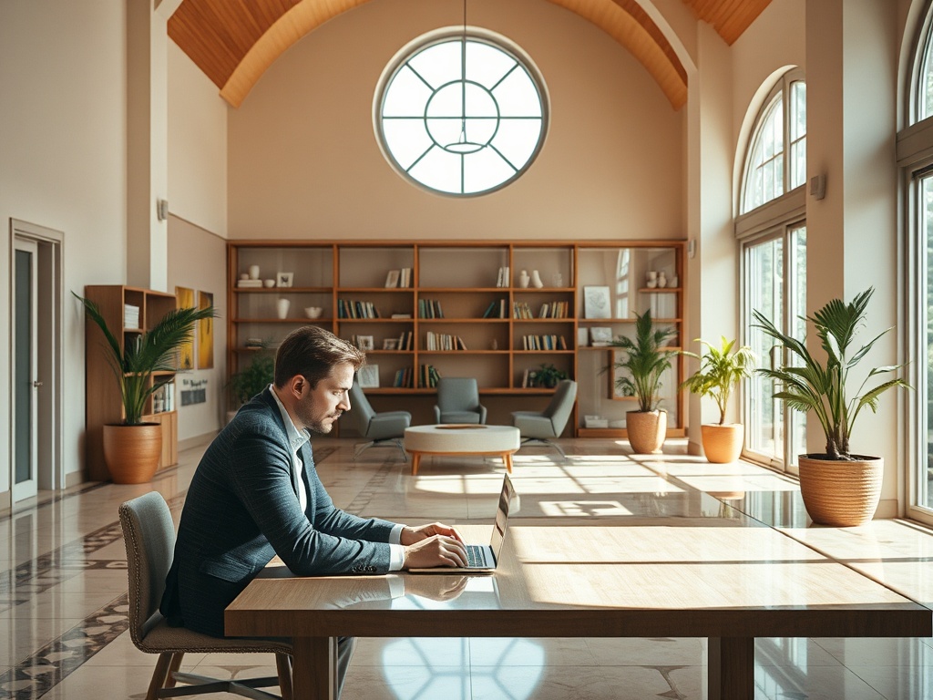 Мужчина работает за столом в светлом офисе с большими окнами и растениями.
