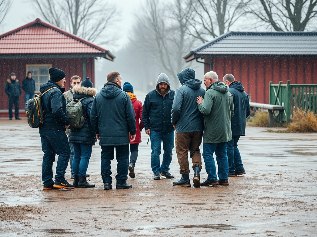 Группа мужчин на улице в дожде, обсуждающих что-то возле построек. Осень или ранняя зима.