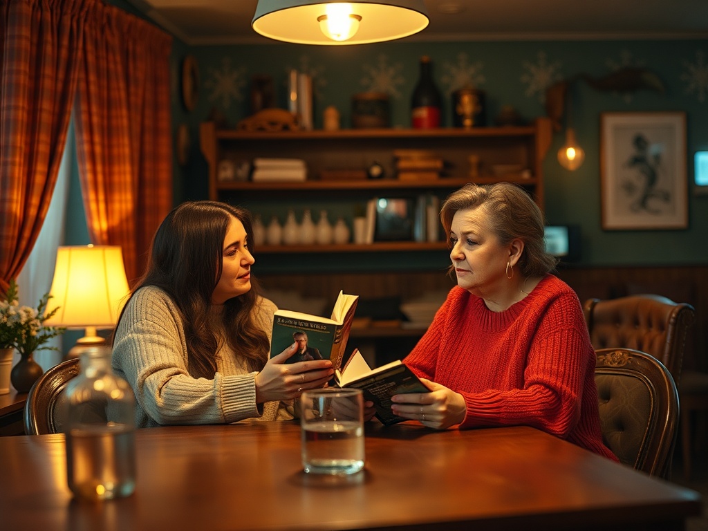 Две женщины обсуждают книги за столом в уютной комнате с теплыми тонами и книжными полками.