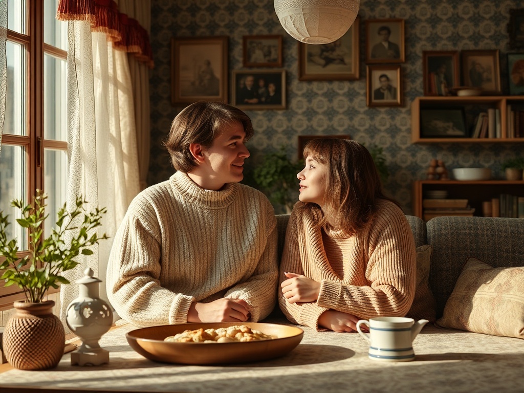 Два человека в уютной обстановке, сидят за столом, смотрят друг на друга и улыбаются. На столе печенье.