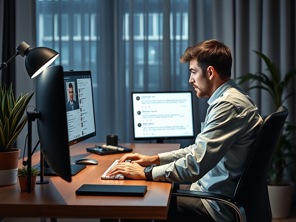 Молодой человек за компьютером в темном офисе, работает, освещенный настольной лампой и окруженный растениями.