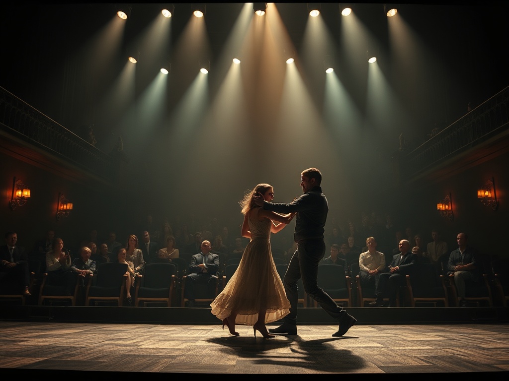На сцене танцуют пара. Зрители в зале смотрят на выступление при мягком освещении.