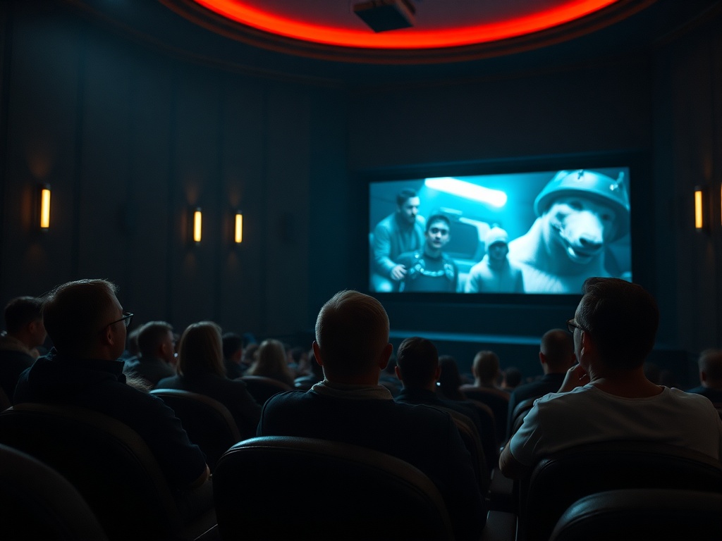 Зрители в кинотеатре смотрят фильм с необычными персонажами, включая медведя в шлеме.