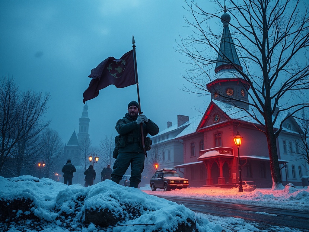 Военный с флагом на фоне зимнего пейзажа и старинного здания в туманном вечернем свете.