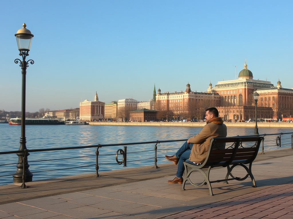На скамейке у реки сидит мужчина, наслаждаясь видом на город и спокойной атмосферой.