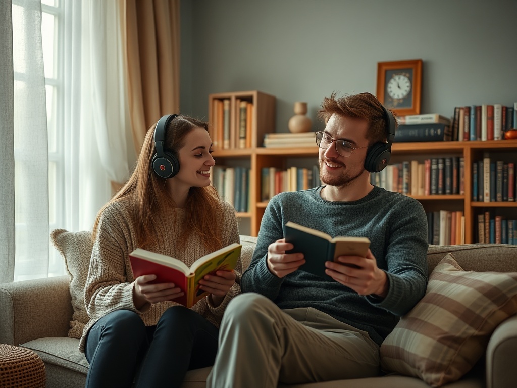 Молодая пара сидит на диване, читая книги и слушая музыку в наушниках, окруженная книгами.