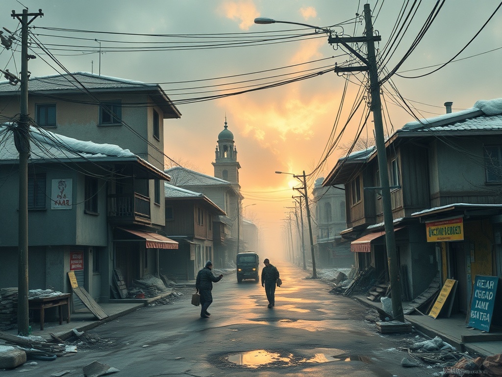 Туманная улица с постройками, на фоне которой восходит солнце, два человека идут по дороге.