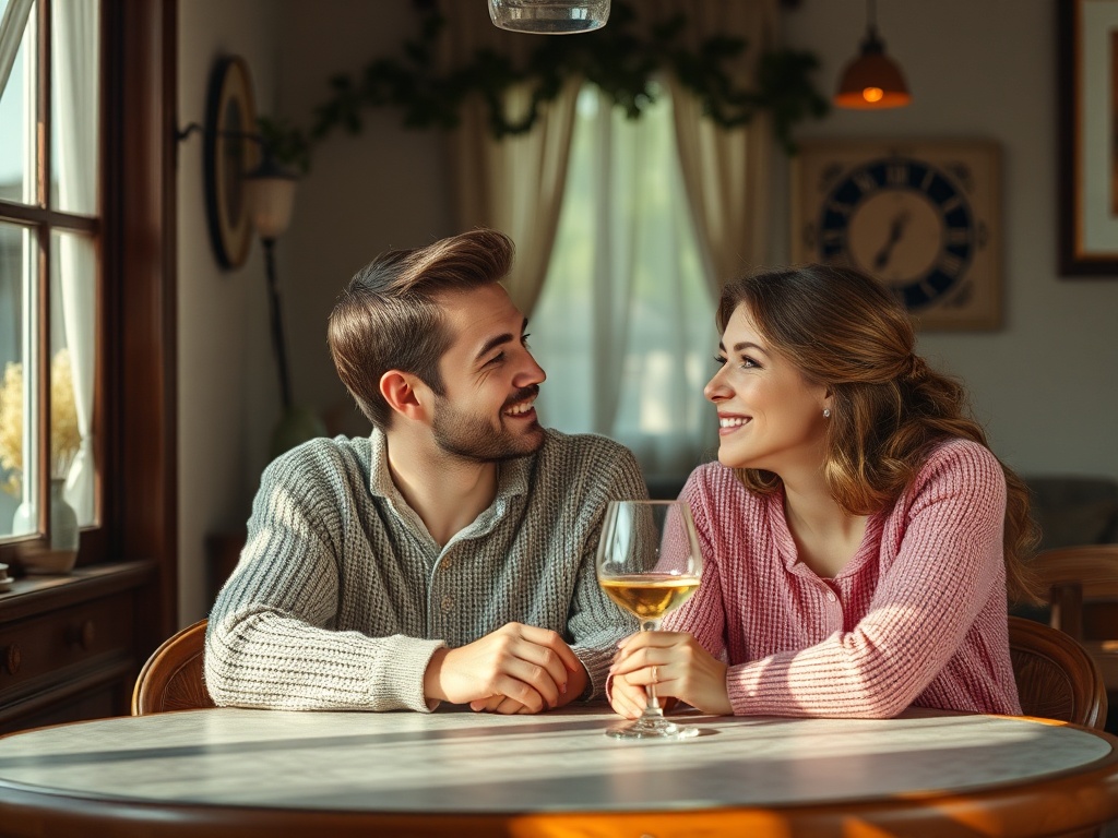 На уютной кухне пара улыбается друг другу, наслаждаясь напитком и общением при мягком свете.