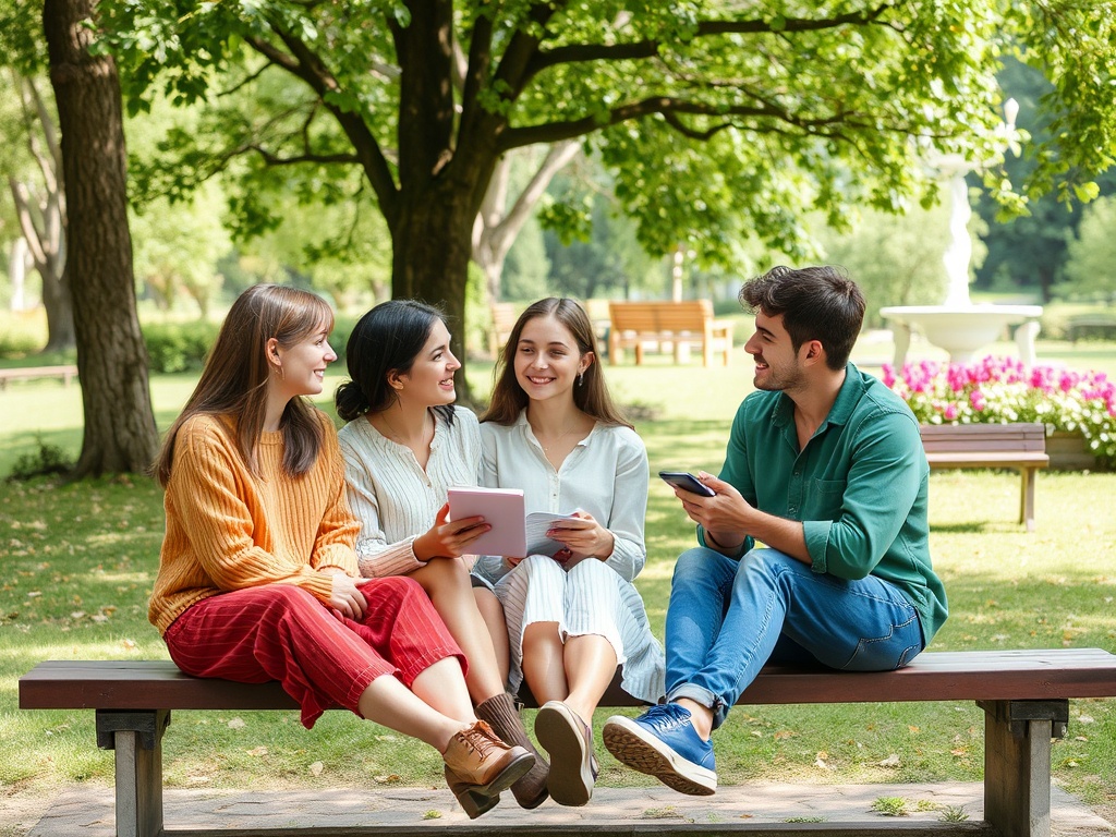 На скамейке в парке сидят четыре молодых человека, улыбаются и общаются, держа в руках планшеты и телефоны.