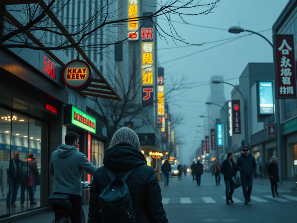 Улица с яркими вывесками в туманную погоду, человек идет с рюкзаком в темной куртке.