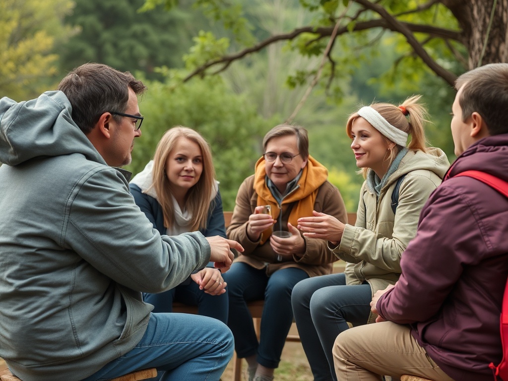 Группа людей разговаривает на природе, делится идеями и смеется в расслабленной обстановке.