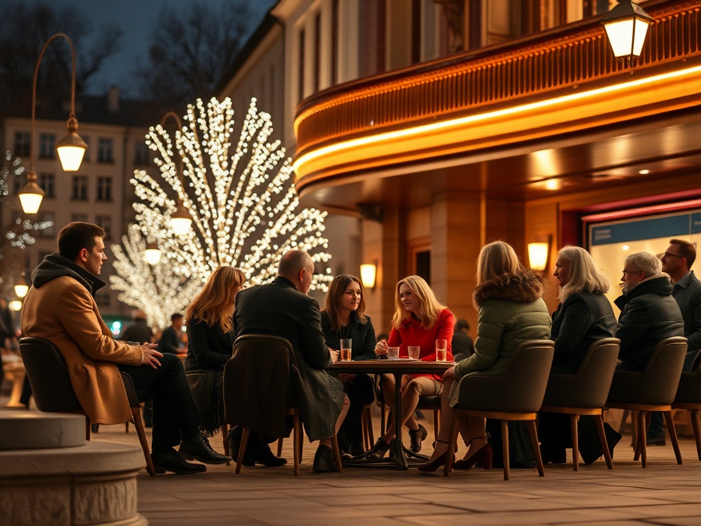 Группа людей за столом на улице, вокруг светящиеся деревья, вечерняя атмосфера, разговор и отдых.