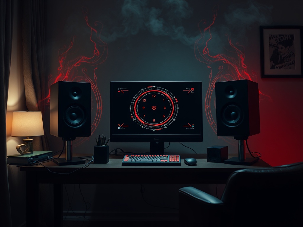 Современный рабочий стол с компьютером, динамиками и красной подсветкой в темной комнате.