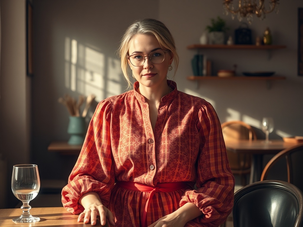 Молодая женщина в очках и яркой блузке сидит за столом в уютном интерьере. На столе бокал воды.