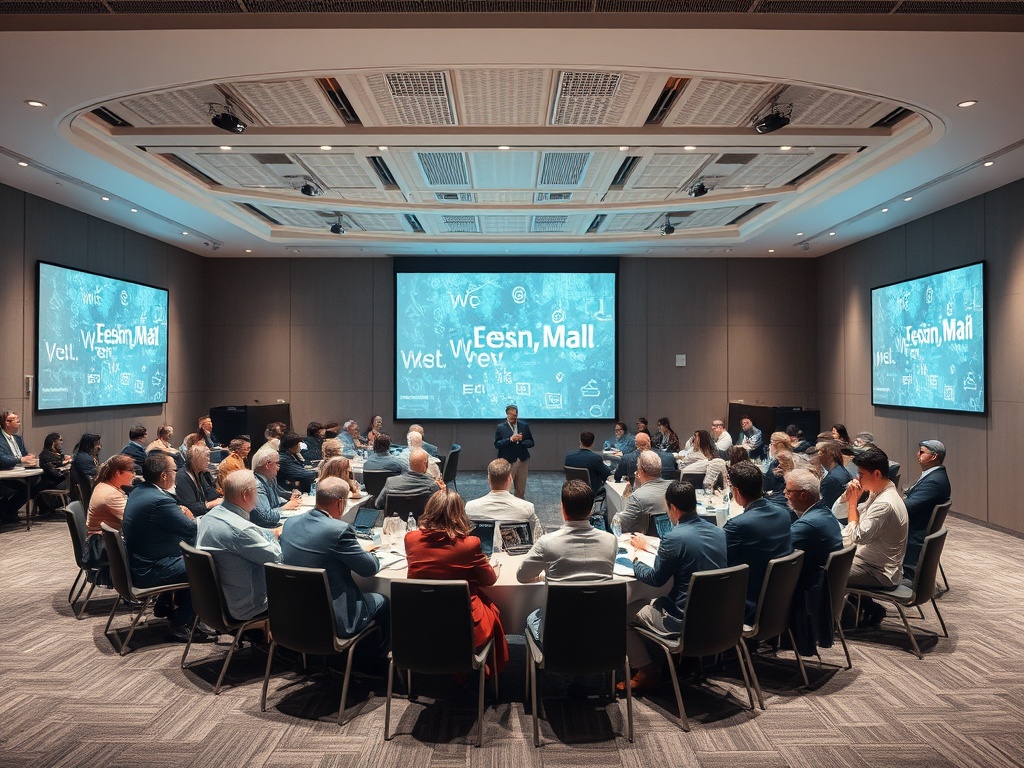 На встрече в конференц-зале участники обсуждают идеи и стратегии на экранах.