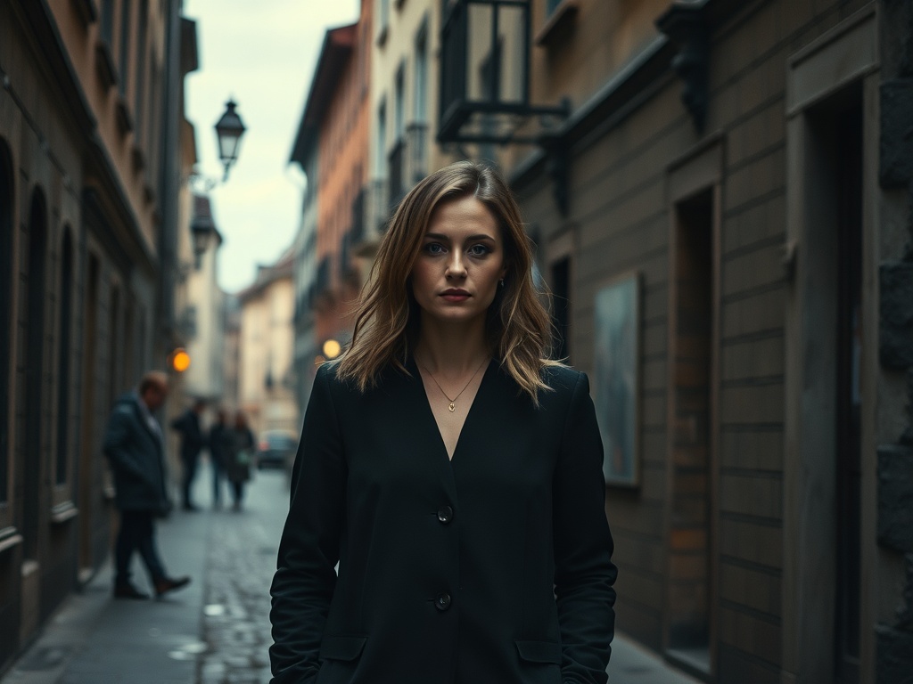 Молодая женщина в черном пиджаке стоит на узкой улочке с историческими зданиями.