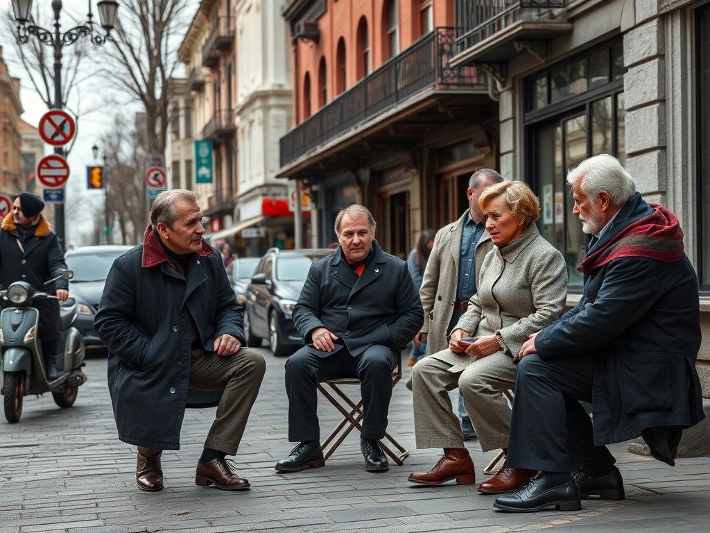 Группа людей в зимней одежде обсуждают что-то на улице, рядом стоят автомобили и мопеды.