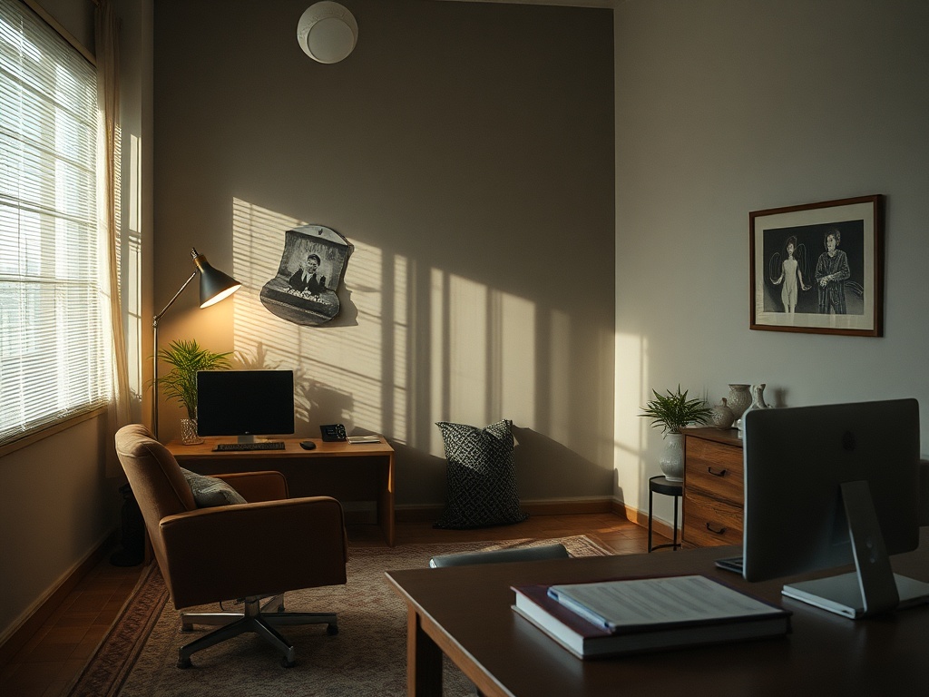 Уютный офис с компьютером, креслом и картинами на стенах. Свет падает через окна.