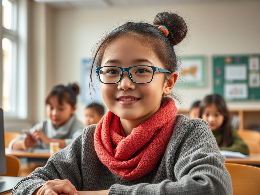 Улыбающаяся девочка в очках и свитере с красным шарфом сидит в классе среди одноклассников.