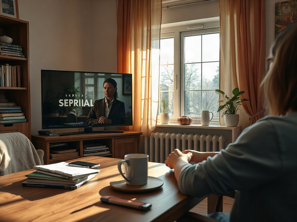 Женщина смотрит телевизор, на экране название сериала "SEPRIAL". В комнате уютная обстановка.